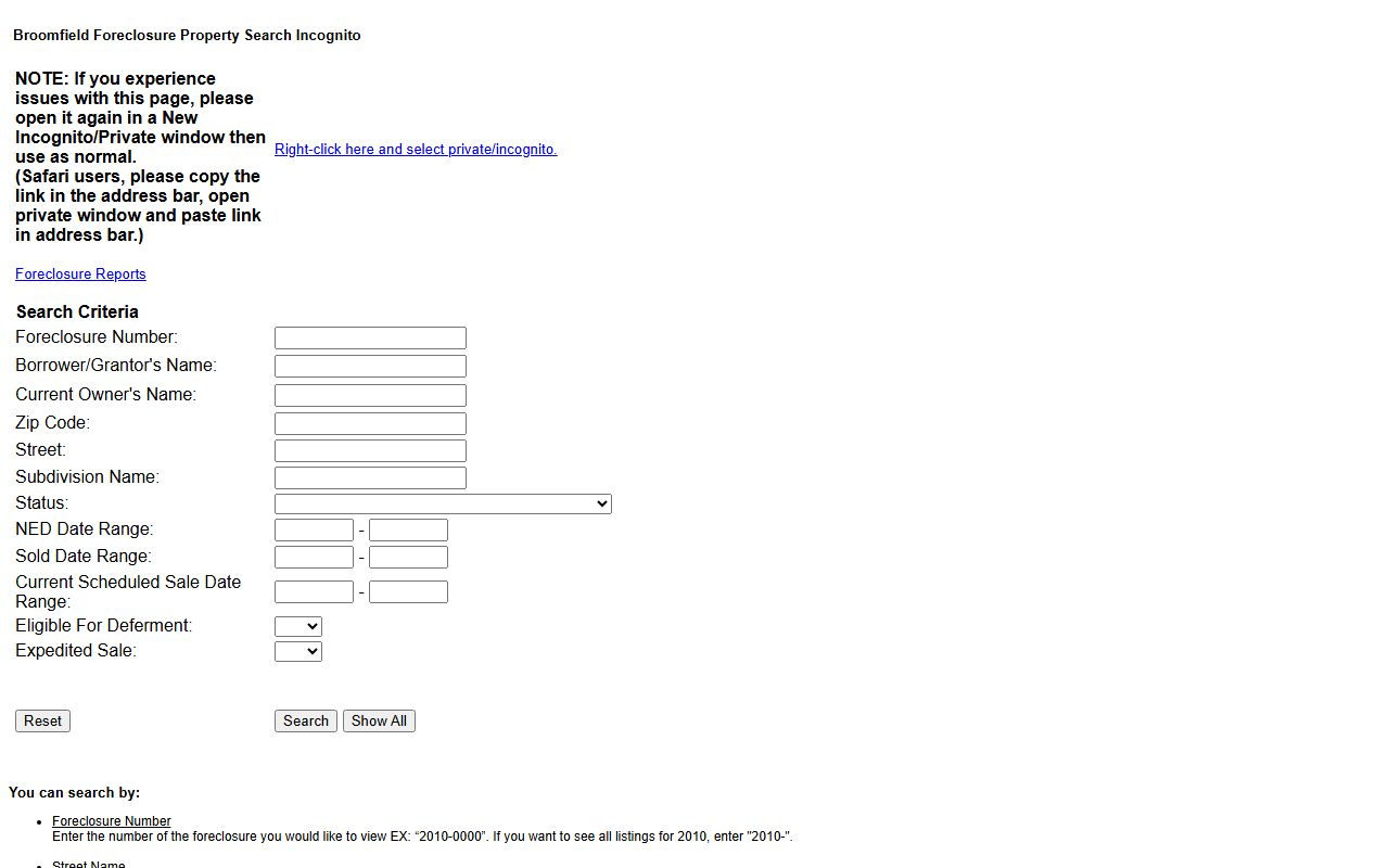 Broomfield County Assessor foreclosure search portal for property records
